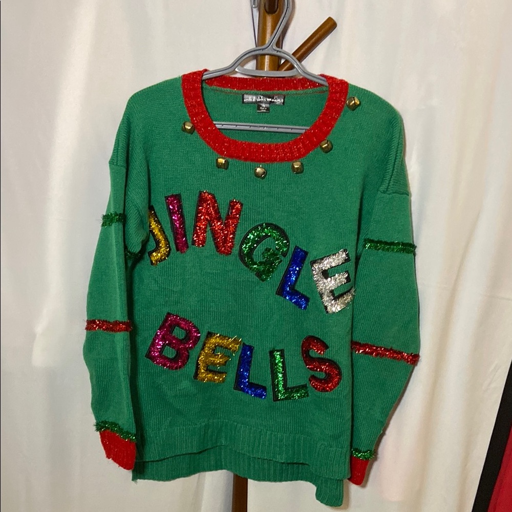 United States souvenirs Festive Green Sweater with Jingle Bells Design
